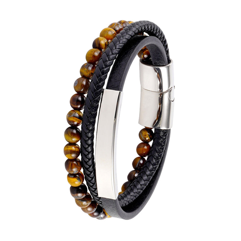 Bracelet homme noir cuir tressé et perles naturelles œil de tigre, fermoir magnétique acier inoxydable.