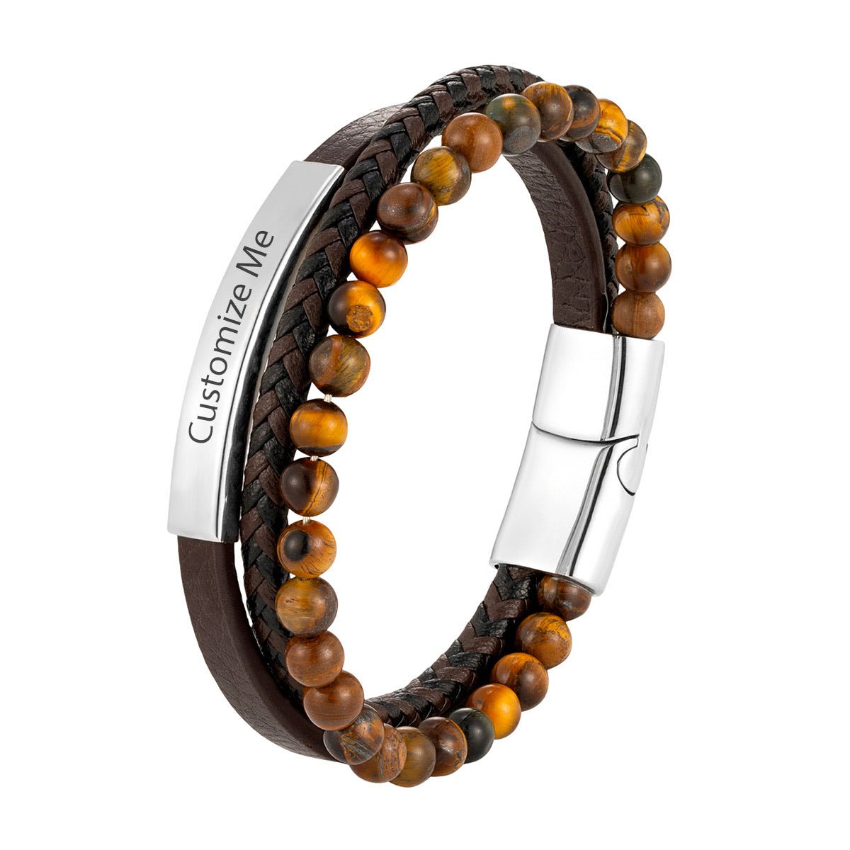 Bracelet homme cuir marron tressé, perles naturelles œil de tigre, fermoir magnétique acier inoxydable, plaque.