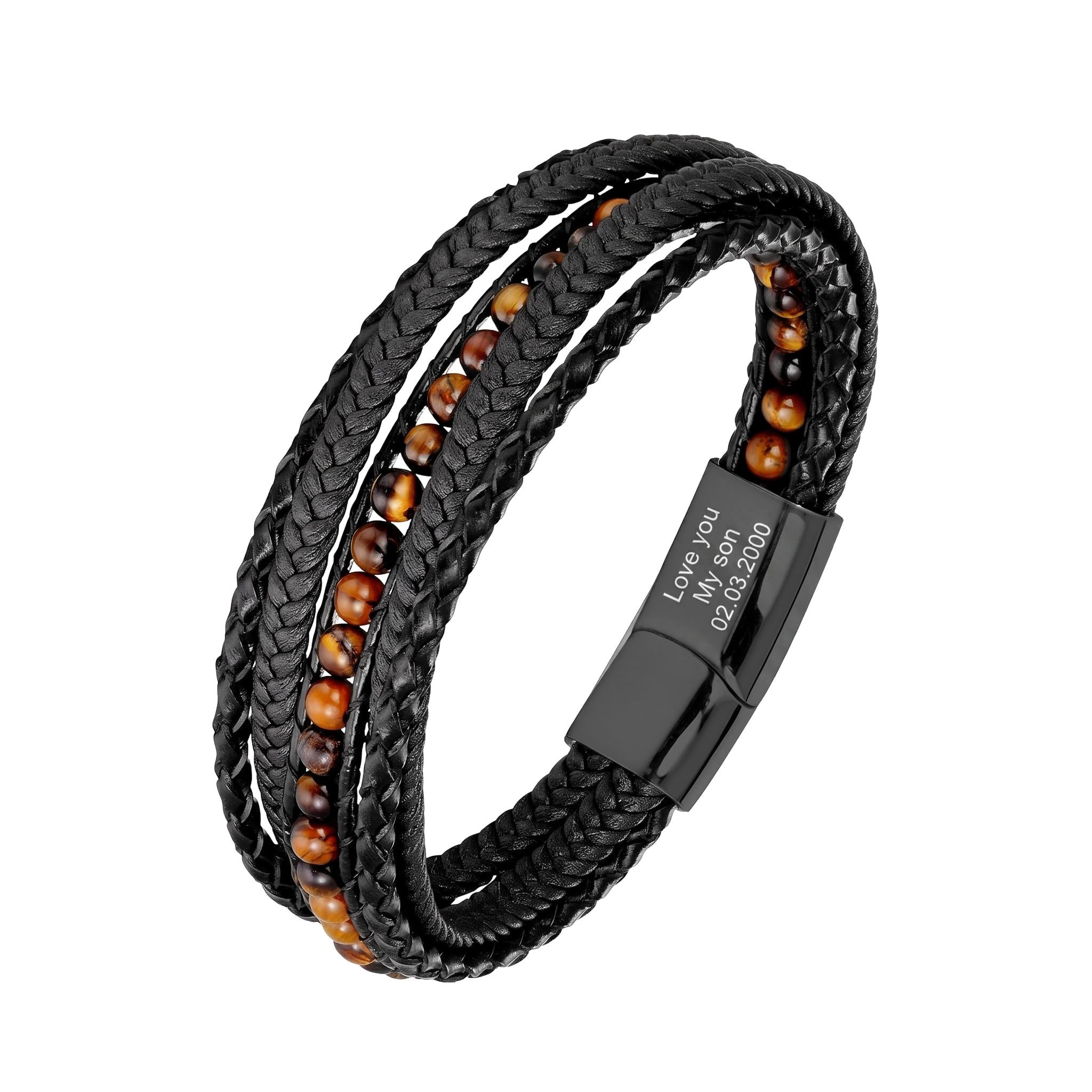 Bracciale personalizzato uomo in pelle intrecciata, perle occhio di tigre, chiusura magnetica in acciaio, gioiello maschile di carattere, regalo personalizzato, modello Aristote