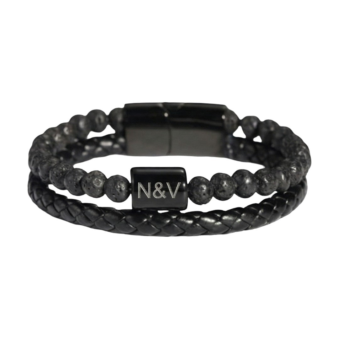 Bracelet personnalisé homme double rang cuir et pierres naturelles, oeil de tigre / agate noire / pierre volcanique, modèle Stavo