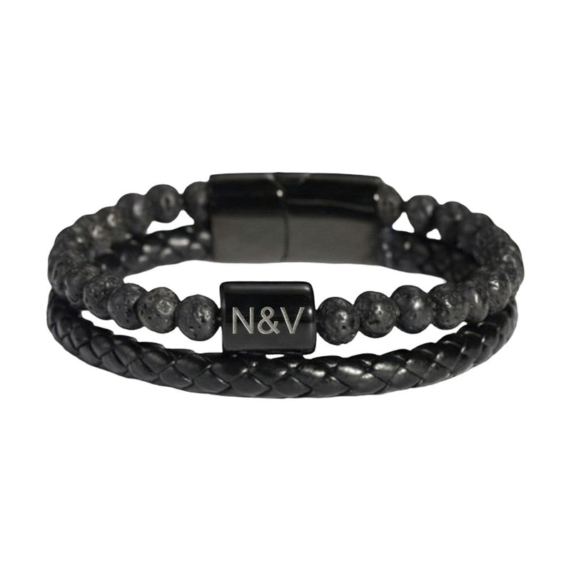 Pulseira personalizada para homem de duas voltas em couro e pedras naturais, olho-de-tigre / ágata preta / pedra vulcânica, modelo Stavo