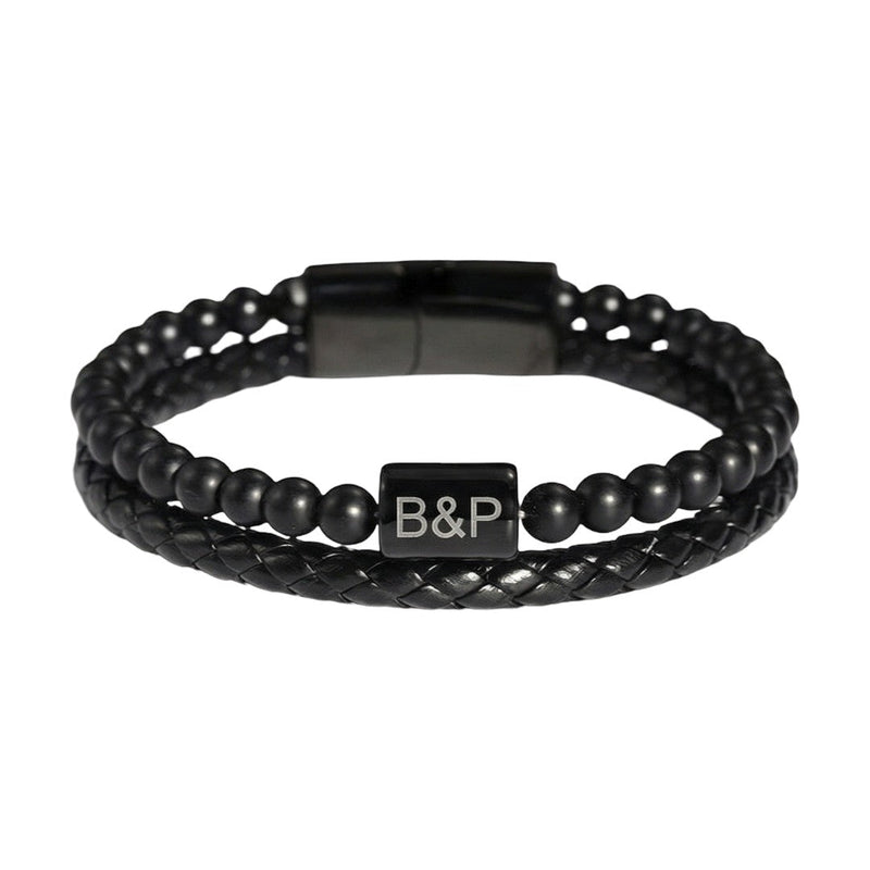 Pulseira personalizada para homem de duas voltas em couro e pedras naturais, olho-de-tigre / ágata preta / pedra vulcânica, modelo Stavo