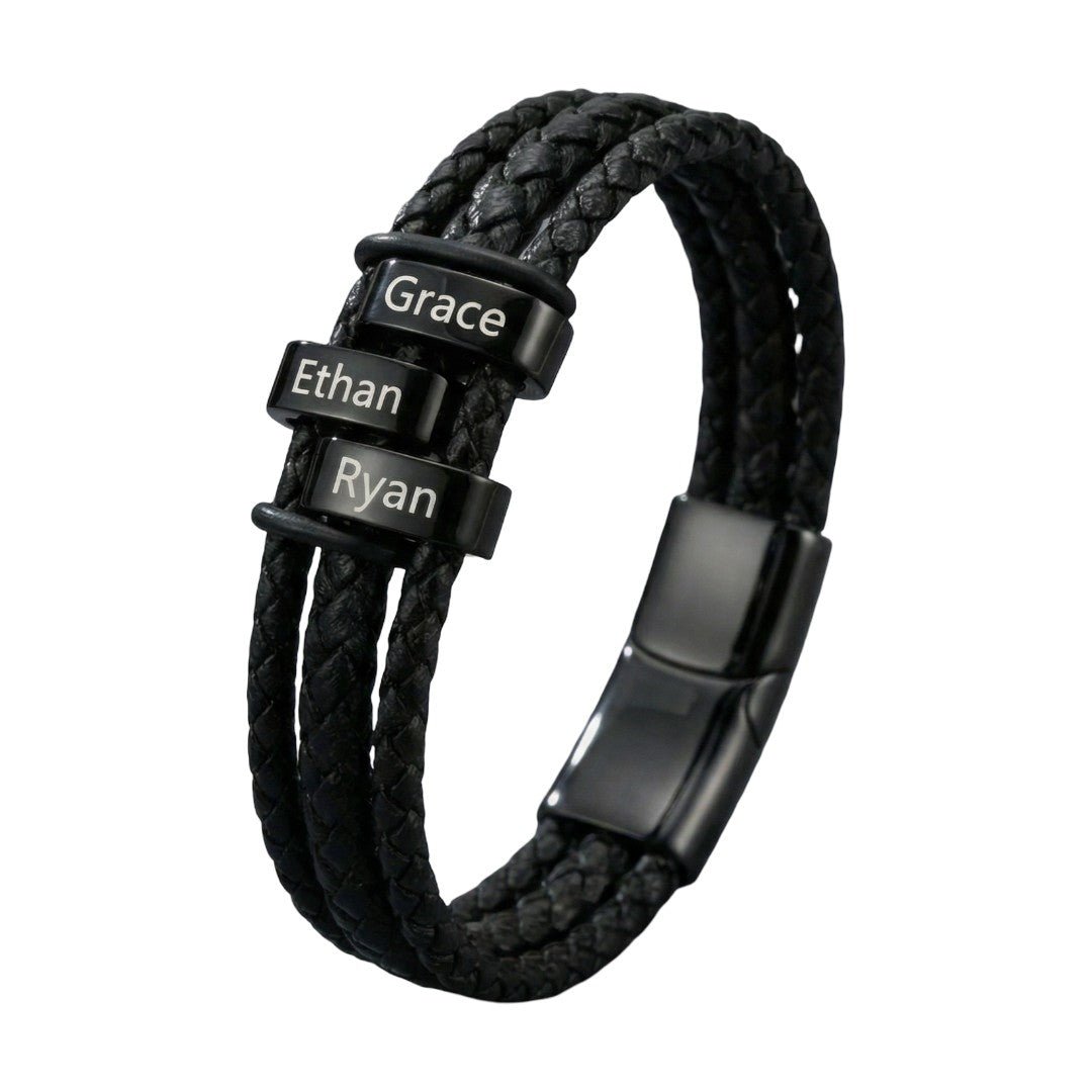 Pulseira personalizada para homem em couro entrançado preto, com nomes gravados, joia familiar de múltiplos fios, 3 placas, modelo Doretto