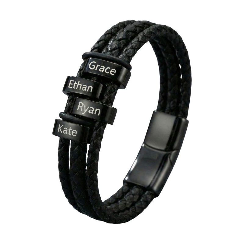 Personalisiertes Herrenarmband aus schwarzem geflochtenem Leder, mit eingravierten Vornamen, Familienarmband mit mehreren Strängen, 4 Plättchen, Modell Doretto