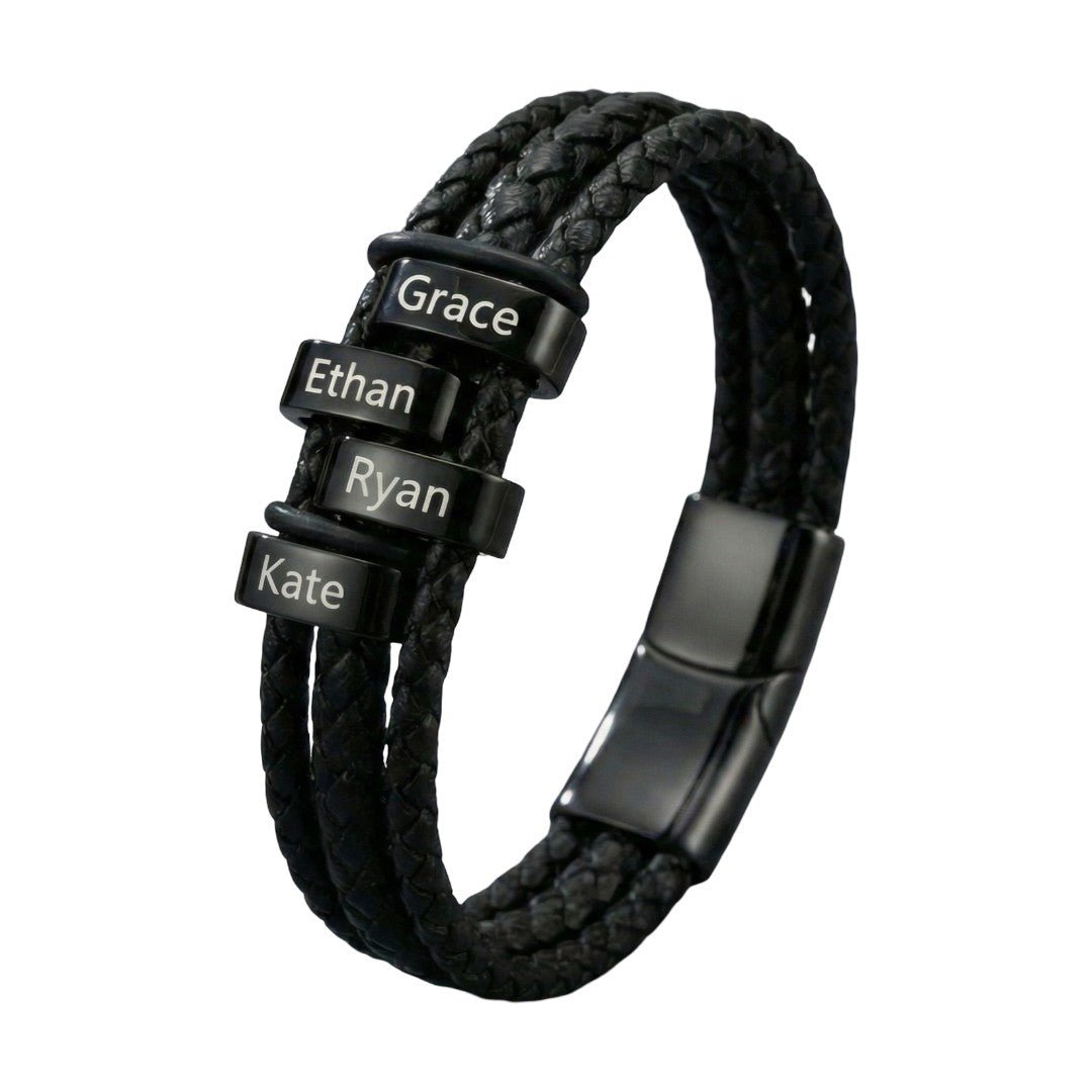 Pulseira personalizada para homem em couro entrançado preto, com nomes gravados, joia familiar de múltiplos fios, 4 placas, modelo Doretto