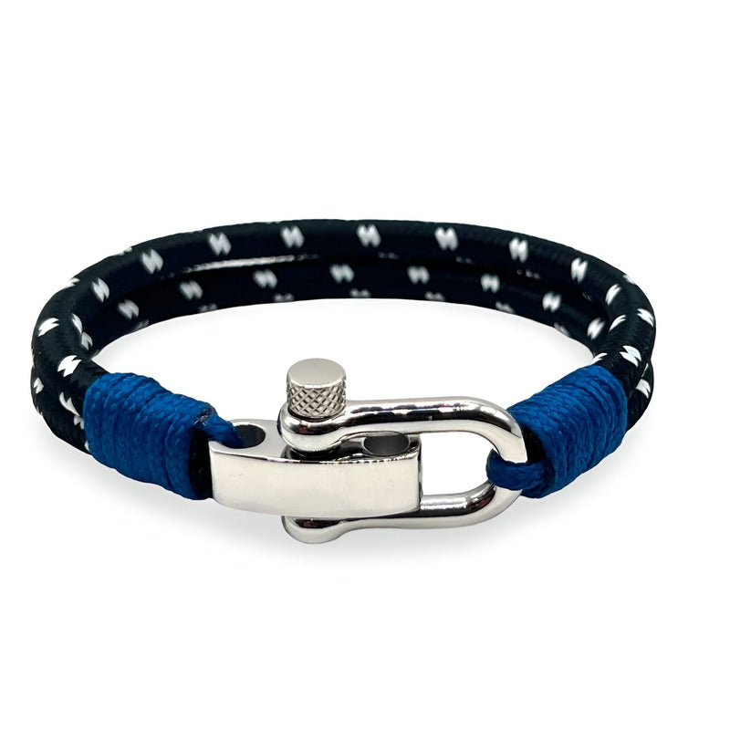 Bracelet homme bleu et noir en corde tressée avec mousqueton en acier inoxydable brillant.