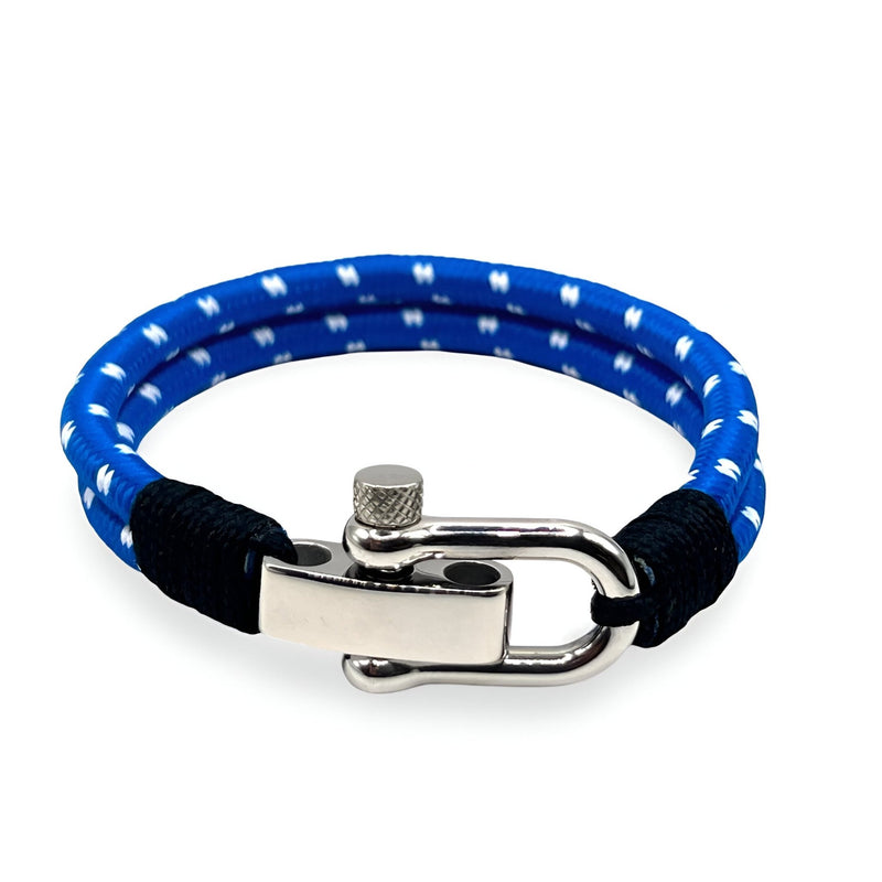 Bracelet homme bleu en corde avec accents blancs, mousqueton en acier inoxydable argenté.
