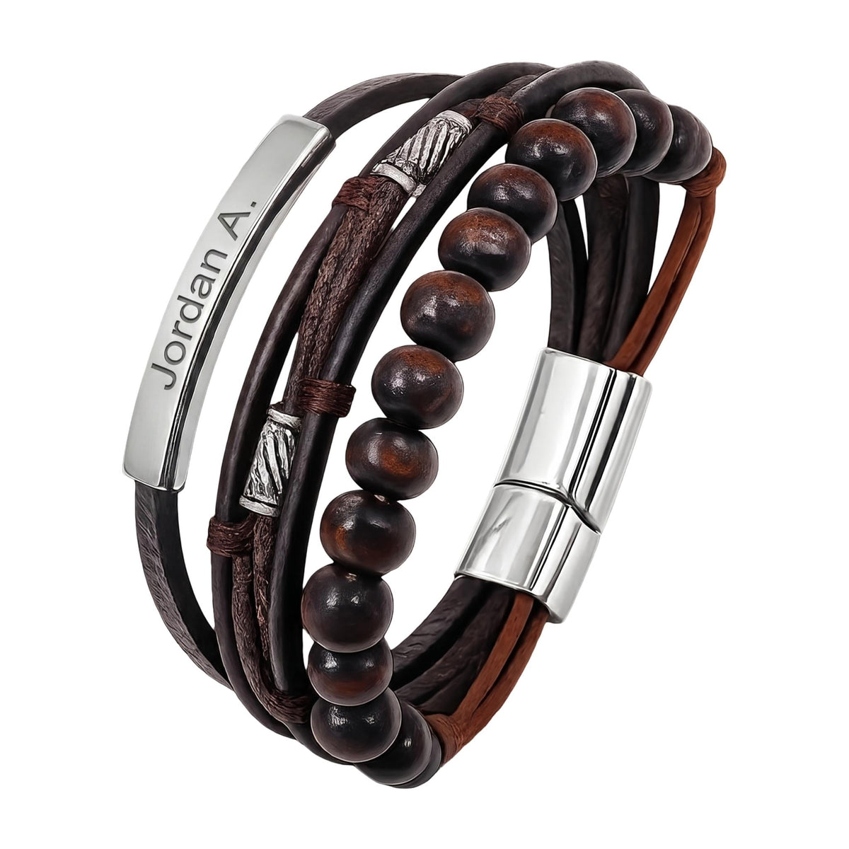 Bracelet personnalisé multirangs, lanières tressées et perles en bois, fermoir magnétique en acier inoxydable avec gravure personnalisée offerte, modèle Randal