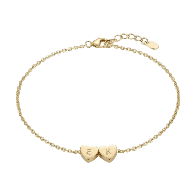 Bracelet personnalisé x2 cœurs avec lettres gravées, chaîne fine en acier inoxydable doré, bijou délicat à message intime, modèle Garence