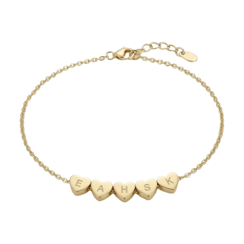 Bracelet personnalisé x5 cœurs avec lettres gravées, chaîne fine en acier inoxydable doré, bijou délicat à message intime, modèle Garence