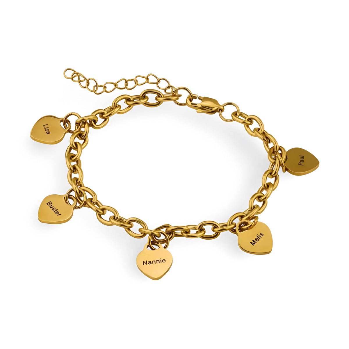Bracelet en acier inoxydable doré avec cinq plaques cœur personnalisées suspendues sur une chaîne à gros maillons.
