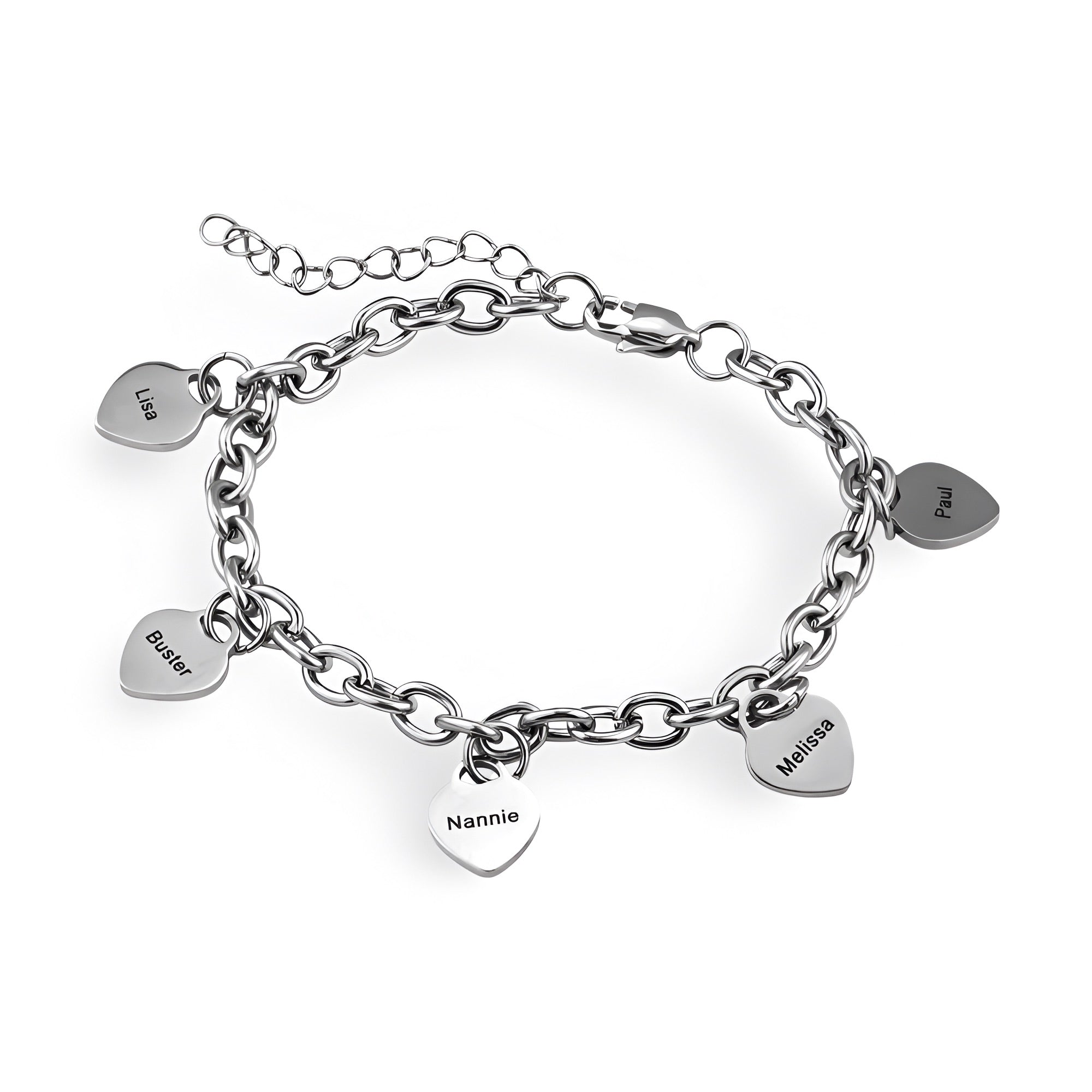 Bracelet en acier inoxydable argenté avec cinq pendentifs cœurs gravés, chaîne maillons larges.
