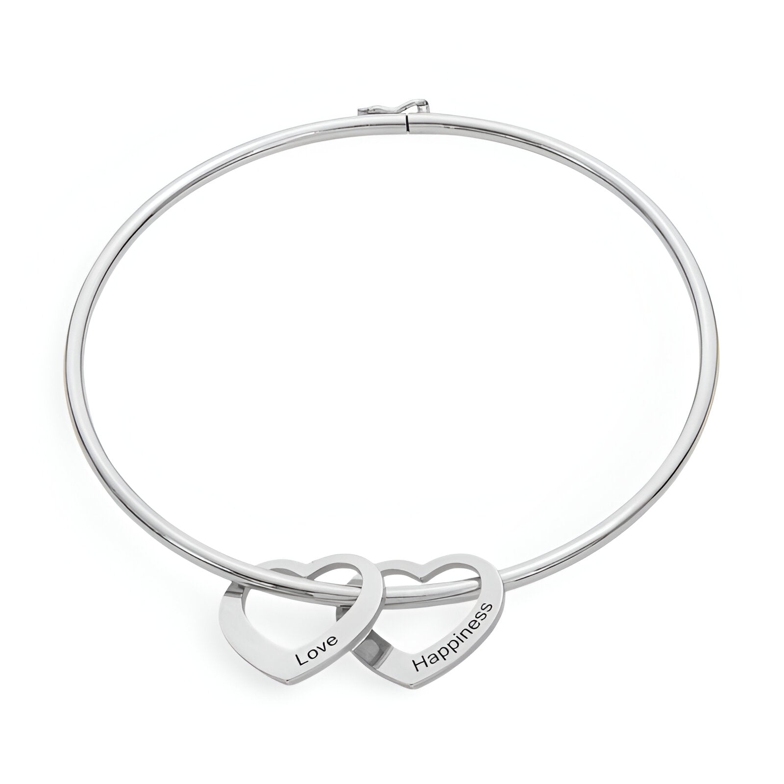 Bracelet en titane argenté avec deux pendentifs cœurs gravés "Love" et "Happiness".