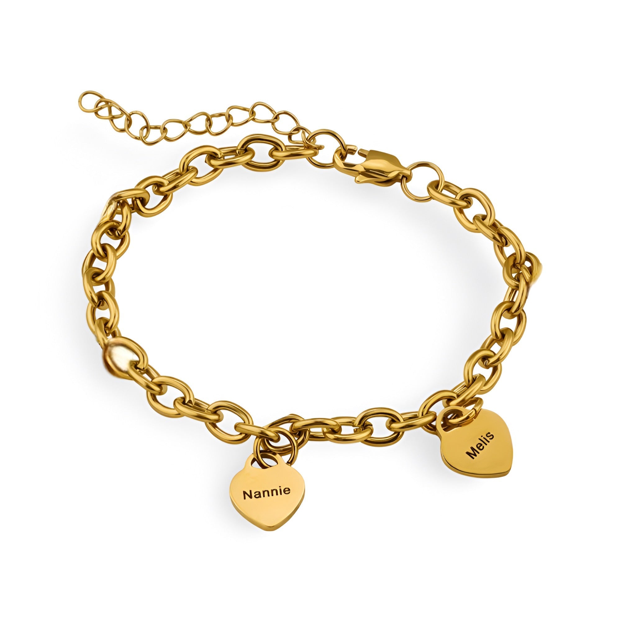 Bracelet en acier inoxydable doré avec deux plaques cœur gravées "Nannie" et "Merr".