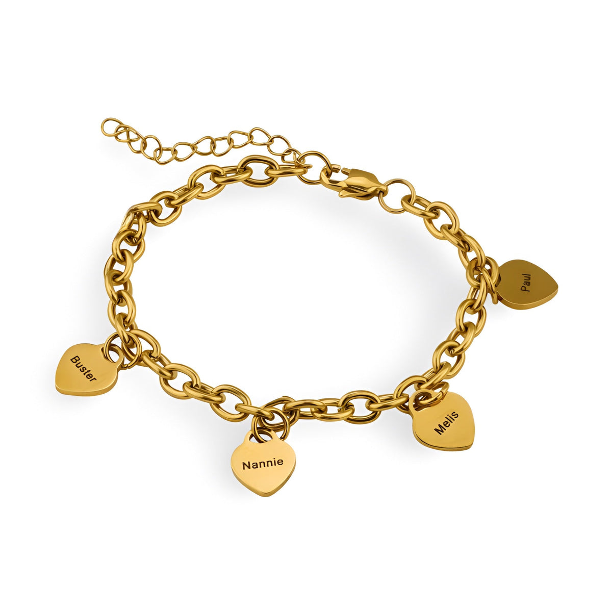 Bracelet en acier inoxydable doré avec quatre plaques en forme de cœur personnalisées suspendues.