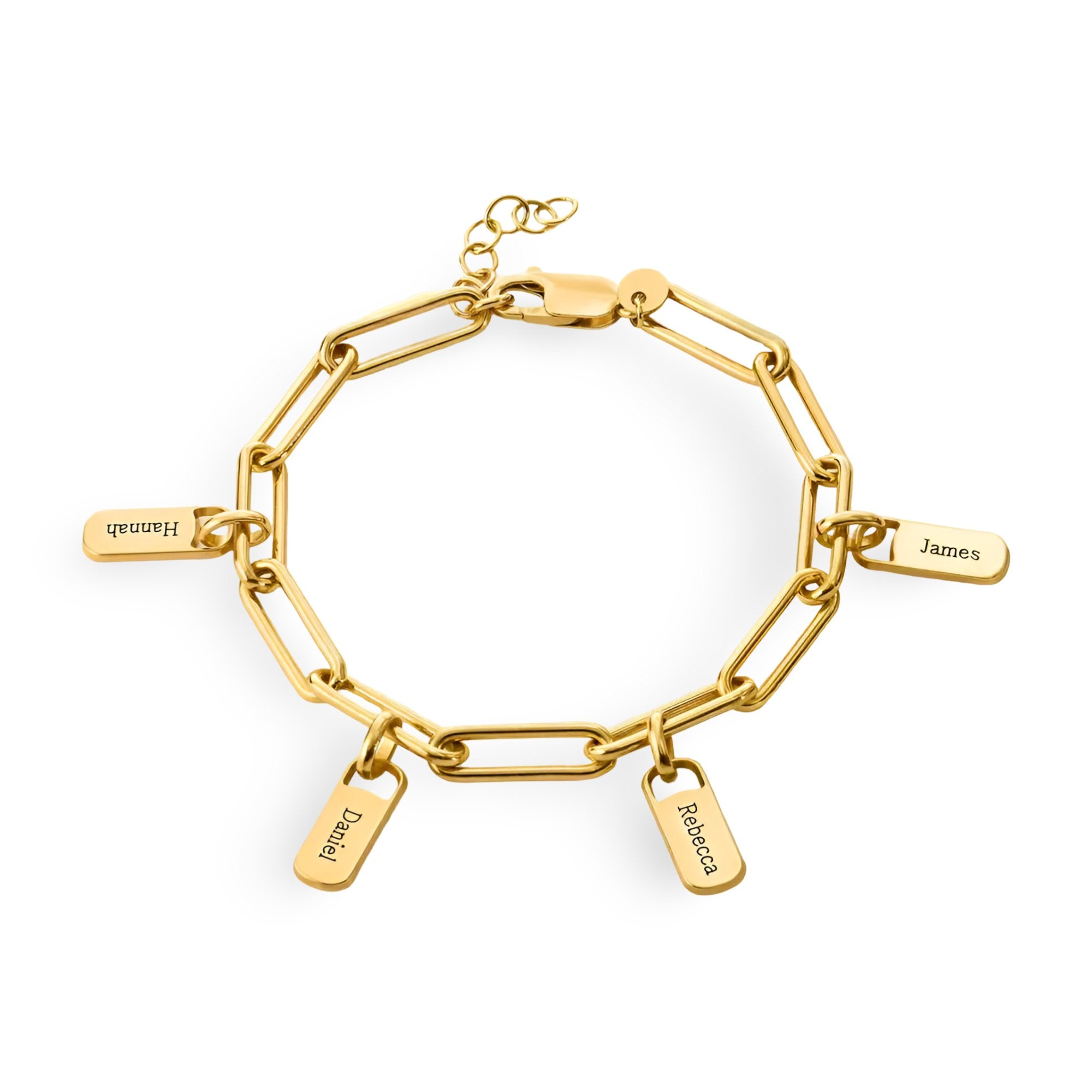 Bracelet femme en acier inoxydable doré à quatre plaques rectangulaires gravées, maillons allongés.