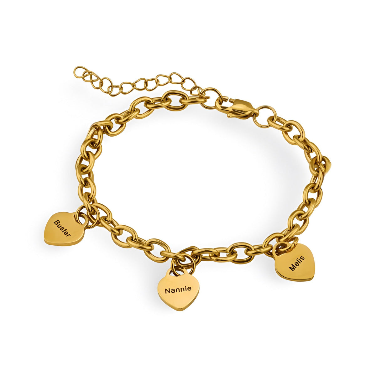 Bracelet en acier inoxydable doré avec trois plaques pendentifs en forme de cœur gravées, chaîne maille ovale.