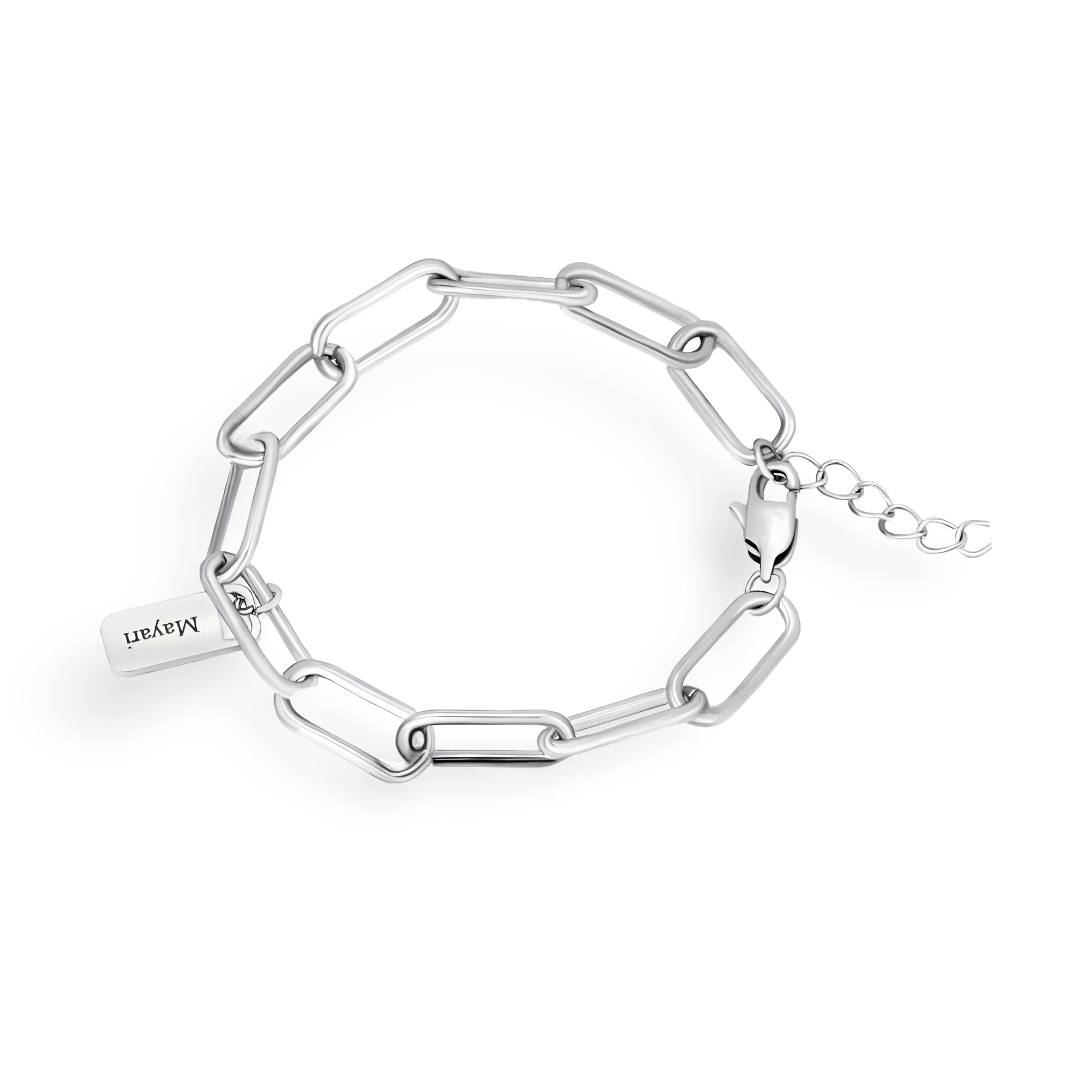 Bracelet personnalisé en acier inoxydable argenté avec chaîne à maillons rectangulaires et plaque gravée Kim.