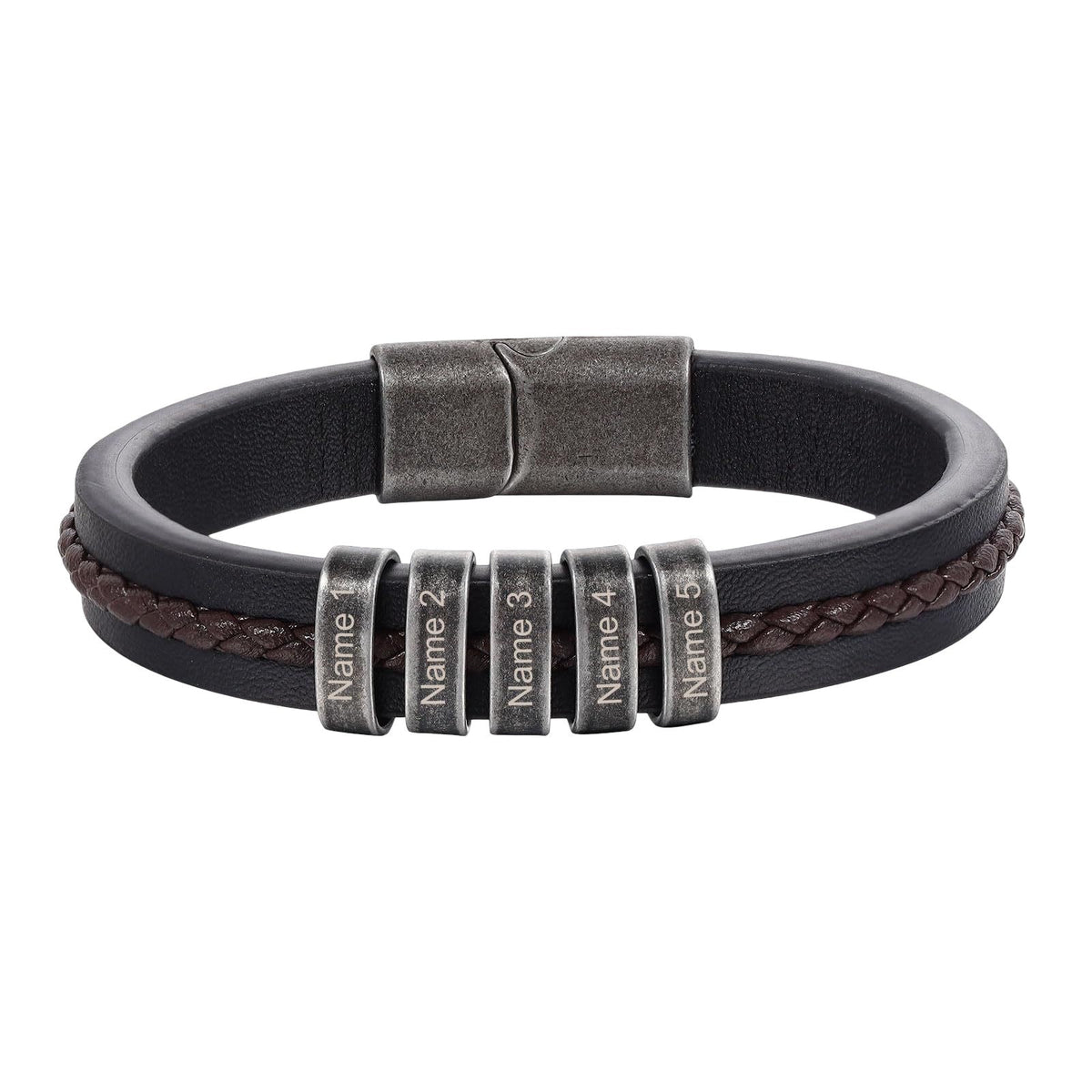 Personalized double-band bracelet, brown braid and smooth black band, engravable steel beads, Néko model