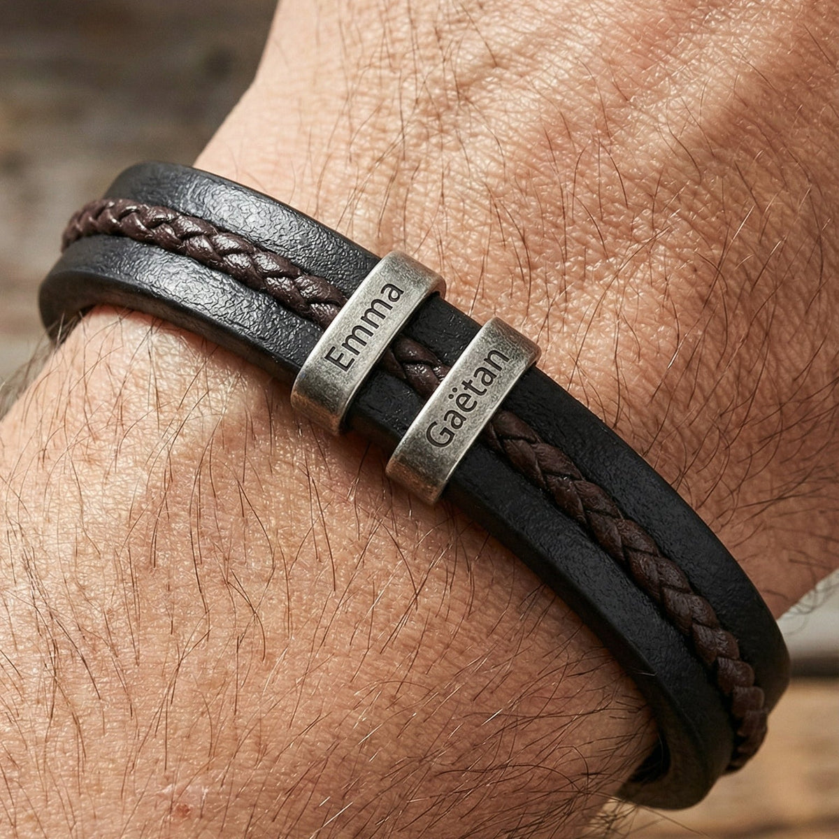 Personalized double-band bracelet, brown braid and smooth band, engravable beads, Néko model