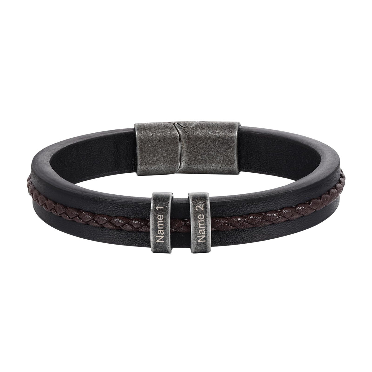 Personalized double-band bracelet, brown braid and smooth band, engravable beads, Néko model