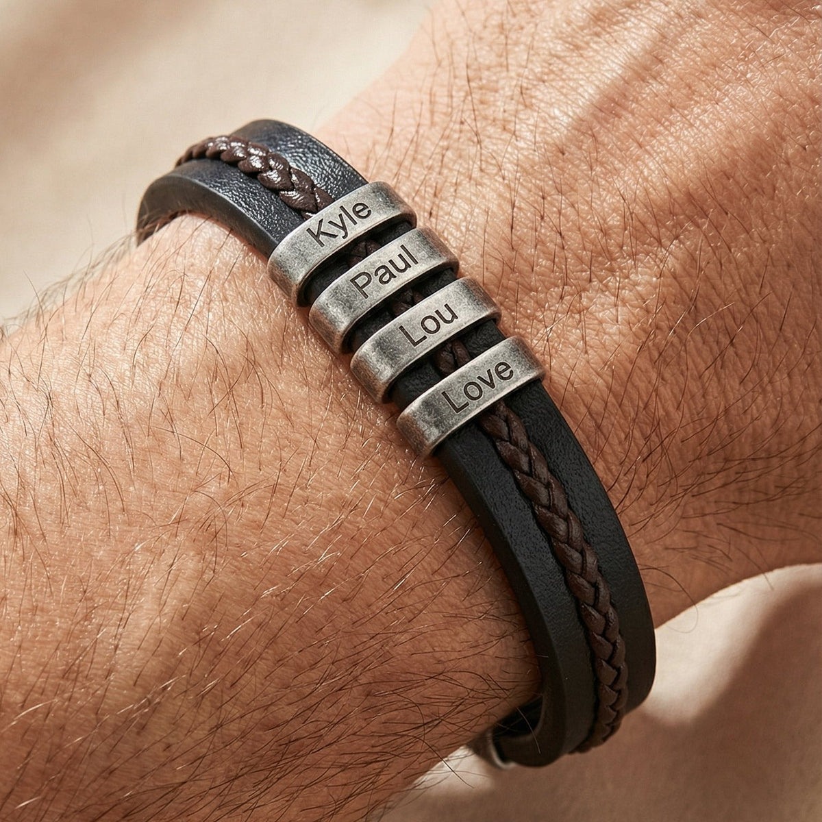 Personalized double-band bracelet, brown braid and smooth black base, engravable beads, Néko model