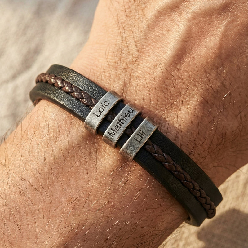 Bracelet personnalosé en cuir noir et brun tressé, ligne épurée, fermoir magnétique robuste, style trois plaques, modèle Néko