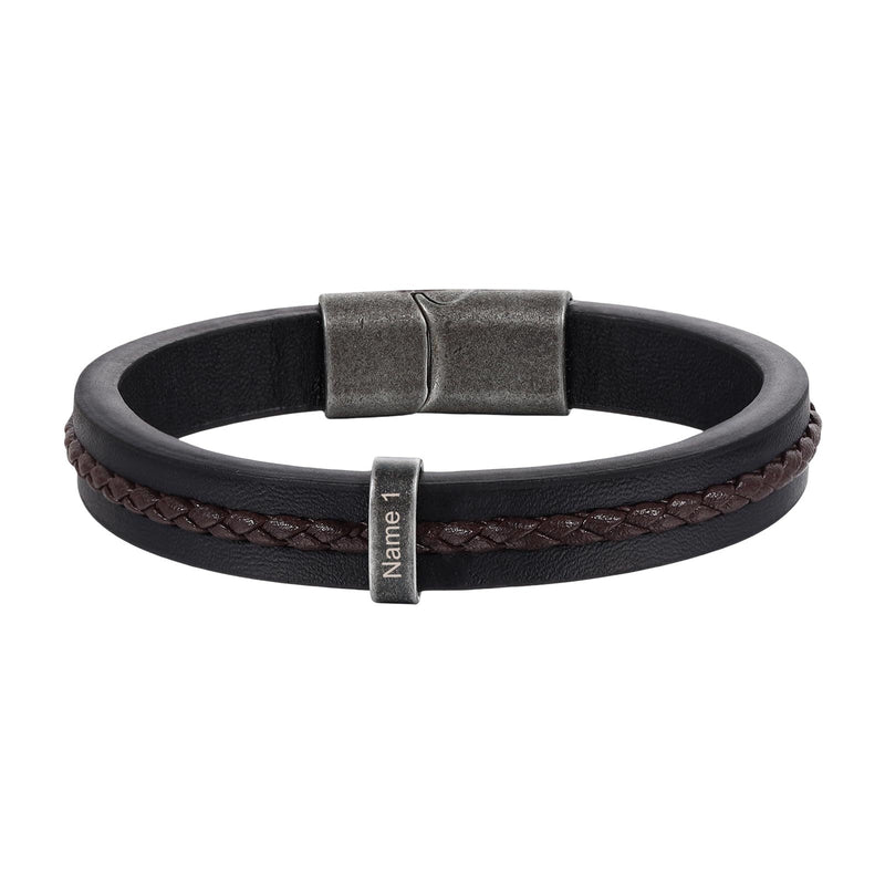 Personalisierbares Armband aus schwarzem und braunem geflochtenem Leder, schlichtes Design, robuster Magnetverschluss, einteilige Platte, Modell Néko