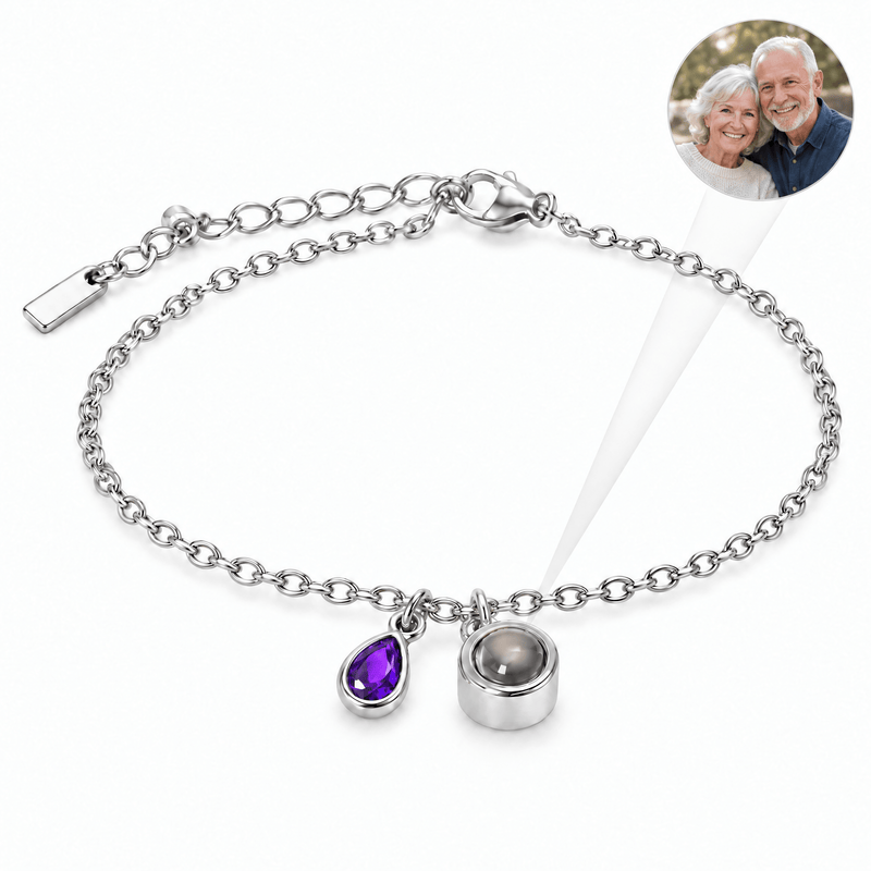 Bracelet photo personnalisé, acier inoxydable, avec pierre de naissance en goutte, cadeau intime et unique, modèle Ruliqua — Février / Argent — packshot studio photo-projection nette