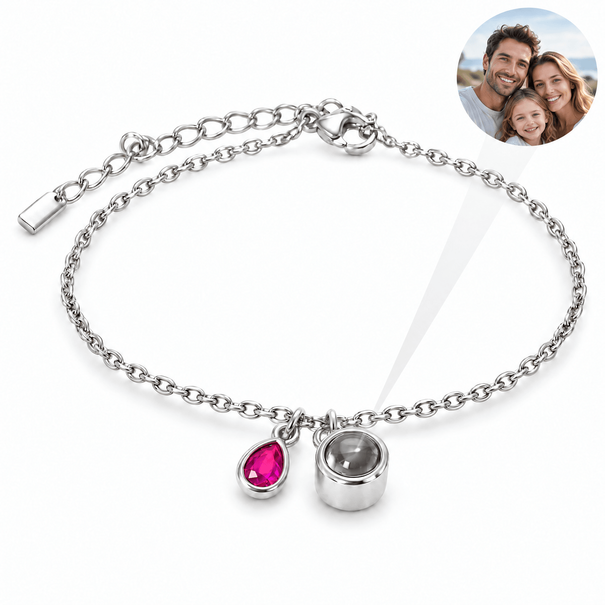 Bracelet photo personnalisé, acier inoxydable, avec pierre de naissance en goutte, cadeau intime et unique, modèle Ruliqua — Janvier / Argent — packshot studio photo-projection nette