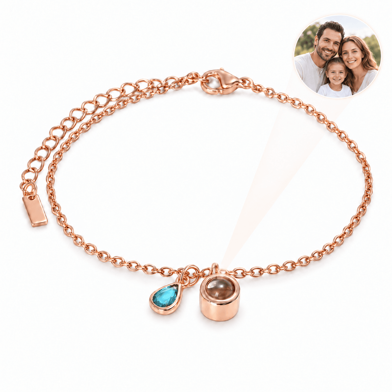 Bracelet photo personnalisé, acier inoxydable, avec pierre de naissance en goutte, cadeau intime et unique, modèle Ruliqua — Septembre / Or rosé — packshot studio photo-projection nette