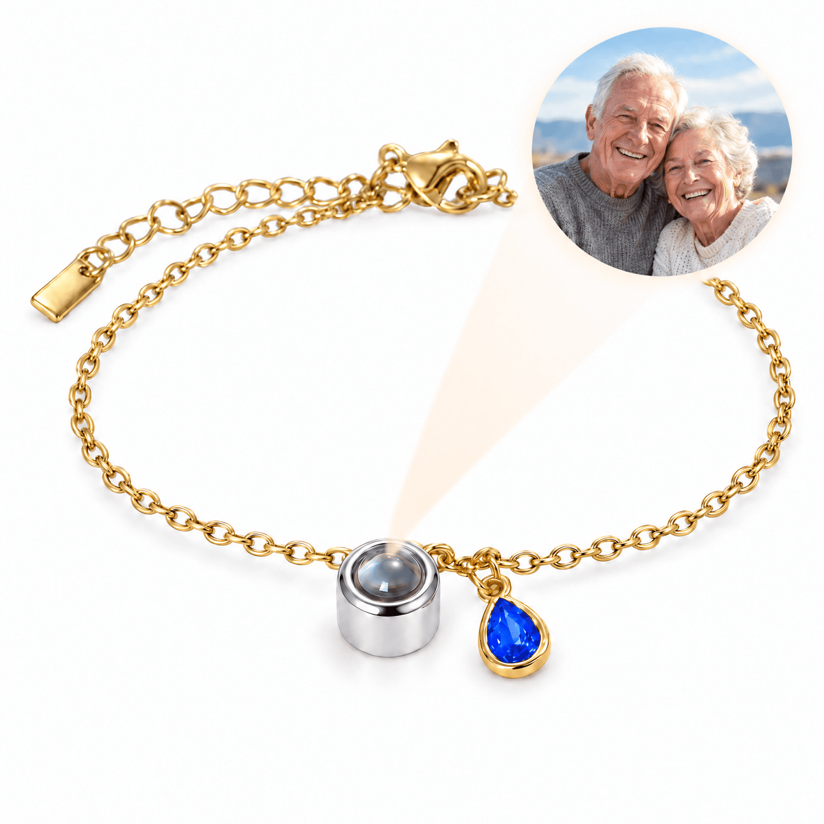 Bracelet photo personnalisé, acier inoxydable, avec pierre de naissance en goutte, cadeau intime et unique, modèle Ruliqua — Septembre / Or — packshot studio photo-projection nette