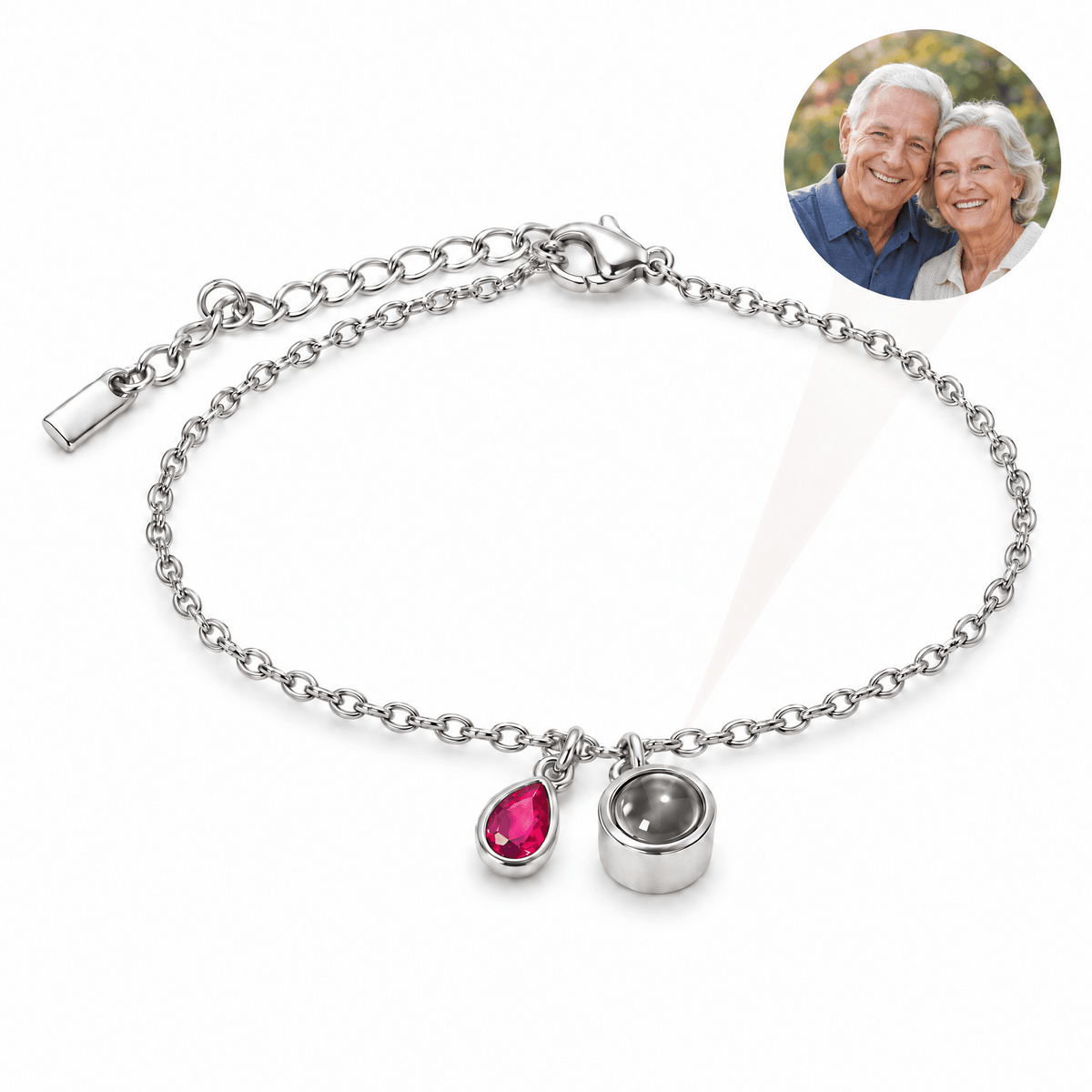 Bracelet photo personnalisé, acier inoxydable, avec pierre de naissance en goutte, cadeau intime et unique, modèle Ruliqua — Juillet / Argent — packshot studio photo-projection nette