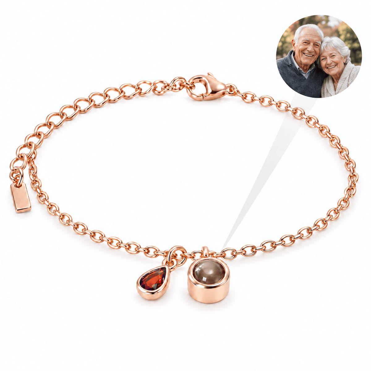 Bracelet photo personnalisé, acier inoxydable, avec pierre de naissance en goutte, cadeau intime et unique, modèle Ruliqua — Octobre / Or rosé — packshot studio photo-projection nette