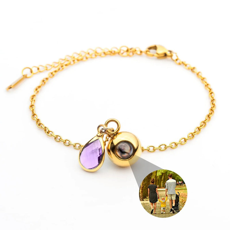 Bracelet en acier inoxydable doré avec pierre de naissance violette en forme de goutte et pendentif photo rond.