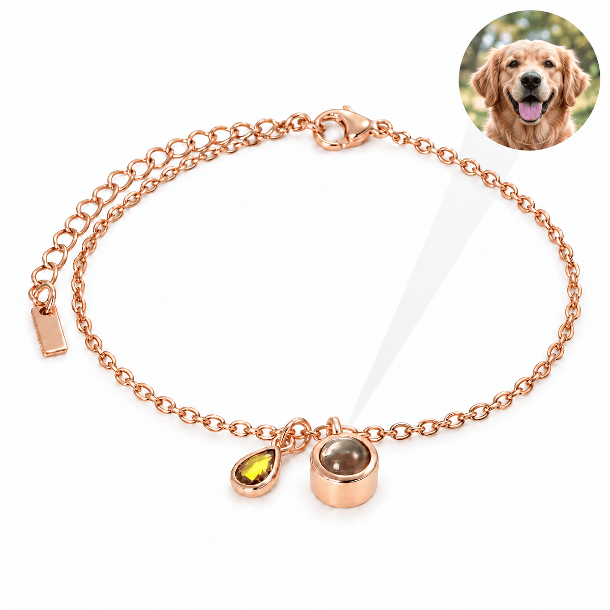 Bracelet photo personnalisé, acier inoxydable, avec pierre de naissance en goutte, cadeau intime et unique, modèle Ruliqua — Novembre / Or rosé — packshot studio photo-projection nette