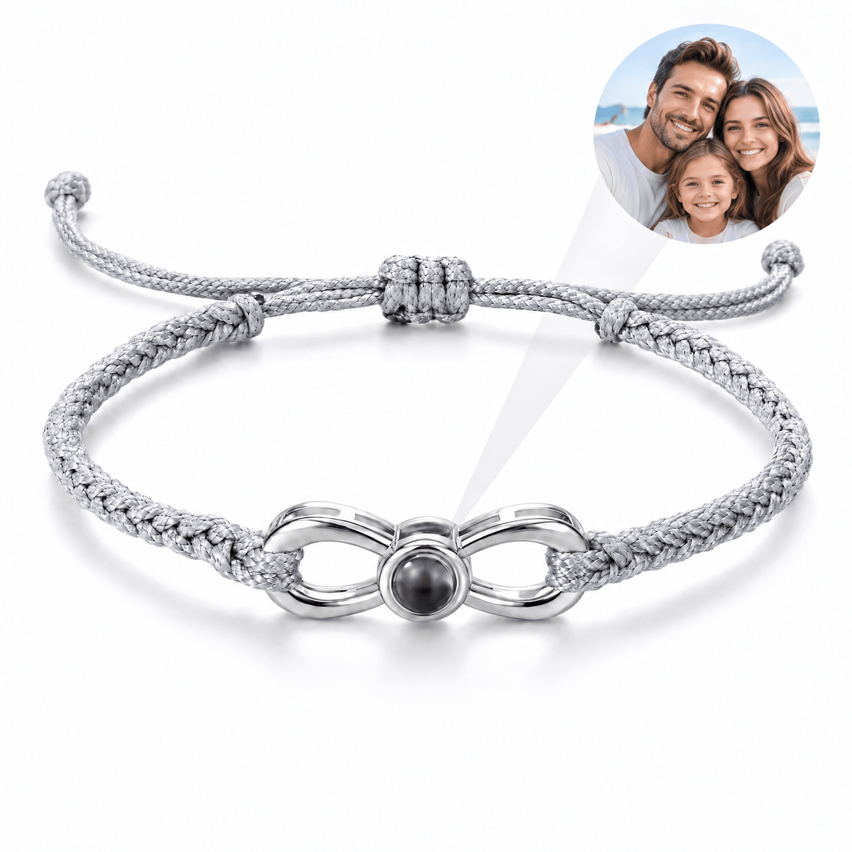 Bracelet photo personnalisé, corde et acier inoxydable, signe infini, modèle Infinity — Gris et argent — packshot studio photo-projection nette