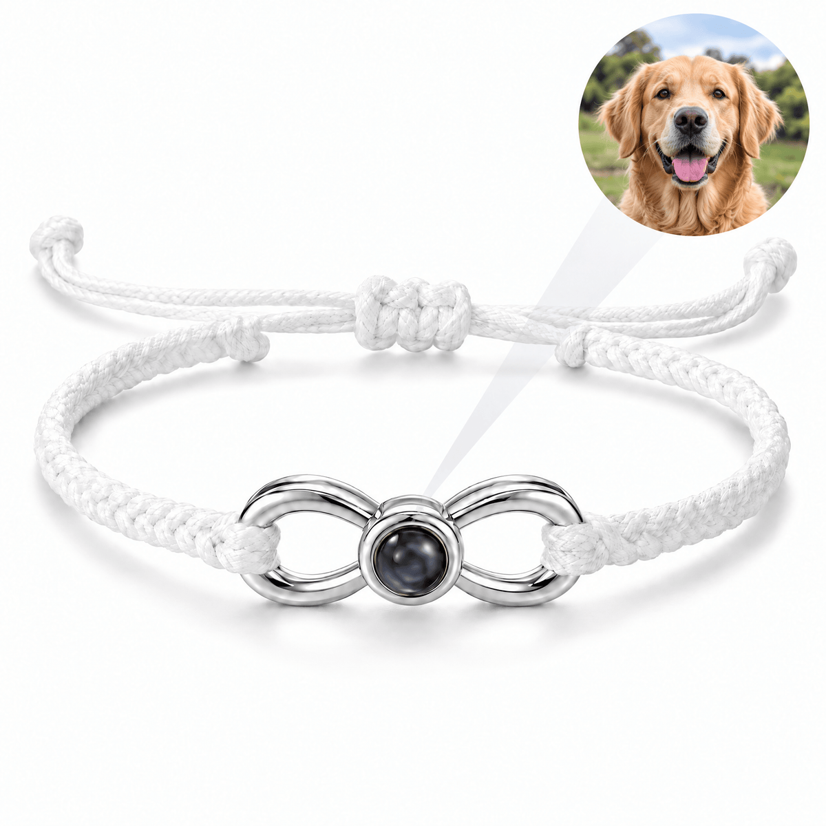 Bracelet photo personnalisé, corde et acier inoxydable, signe infini, modèle Infinity — Blanc et argent — packshot studio photo-projection nette