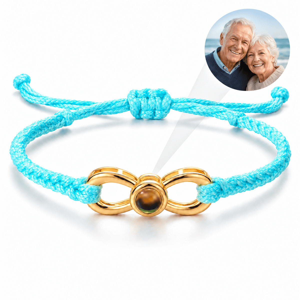 Bracelet photo personnalisé, corde et acier inoxydable, signe infini, modèle Infinity — Bleu et or — packshot studio photo-projection nette