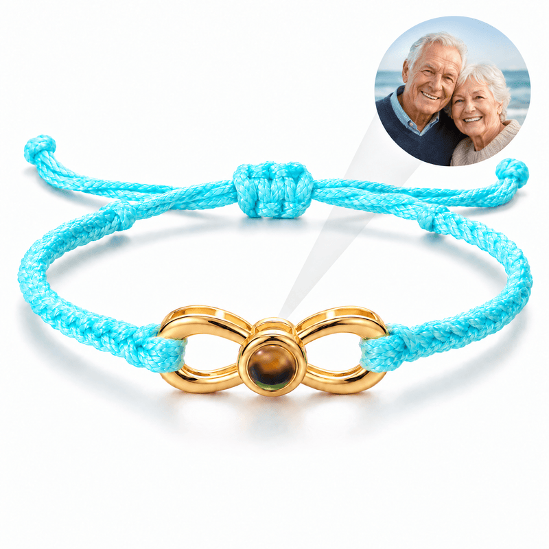 Bracelet photo personnalisé, corde et acier inoxydable, signe infini, modèle Infinity — Bleu et or — packshot studio photo-projection nette