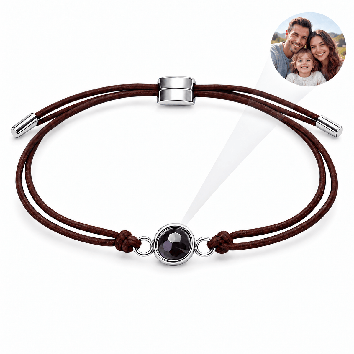 Bracelet photo personnalisé, cordon réglable, perle de projection, modèle Saphile — Café et argent — packshot studio photo-projection nette