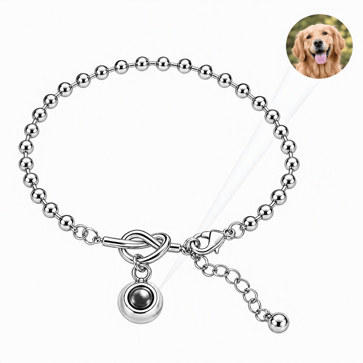 Bracelet photo personnalisé en acier inoxydable, à nœud central, modèle Fabia — Argent — packshot studio photo-projection nette