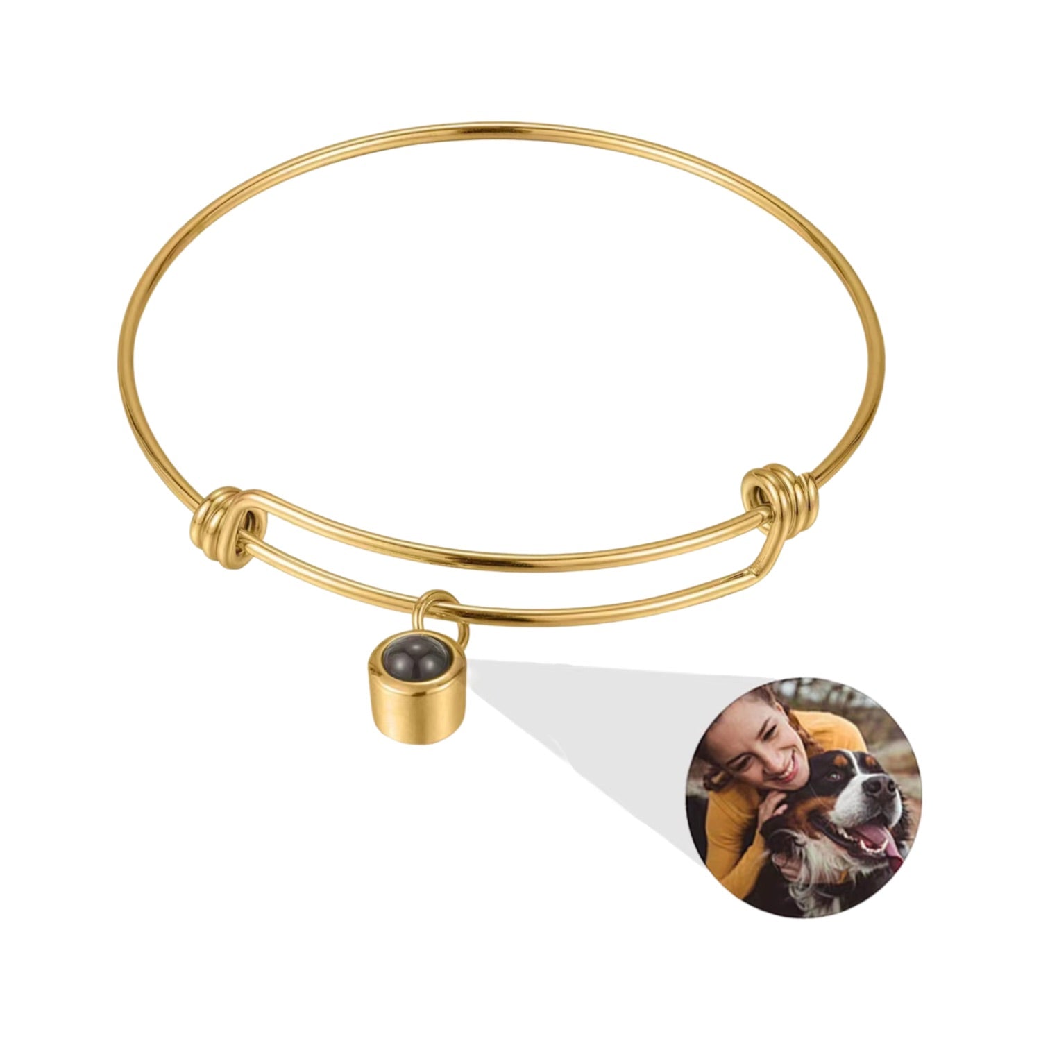 Bracelet jonc ajustable en acier inoxydable doré avec pendentif photo rond personnalisé.