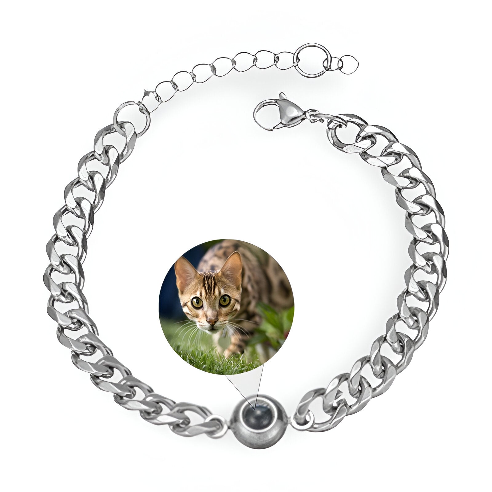 Bracelet en acier inoxydable argenté avec maille cubaine et médaille photo personnalisée ronde.