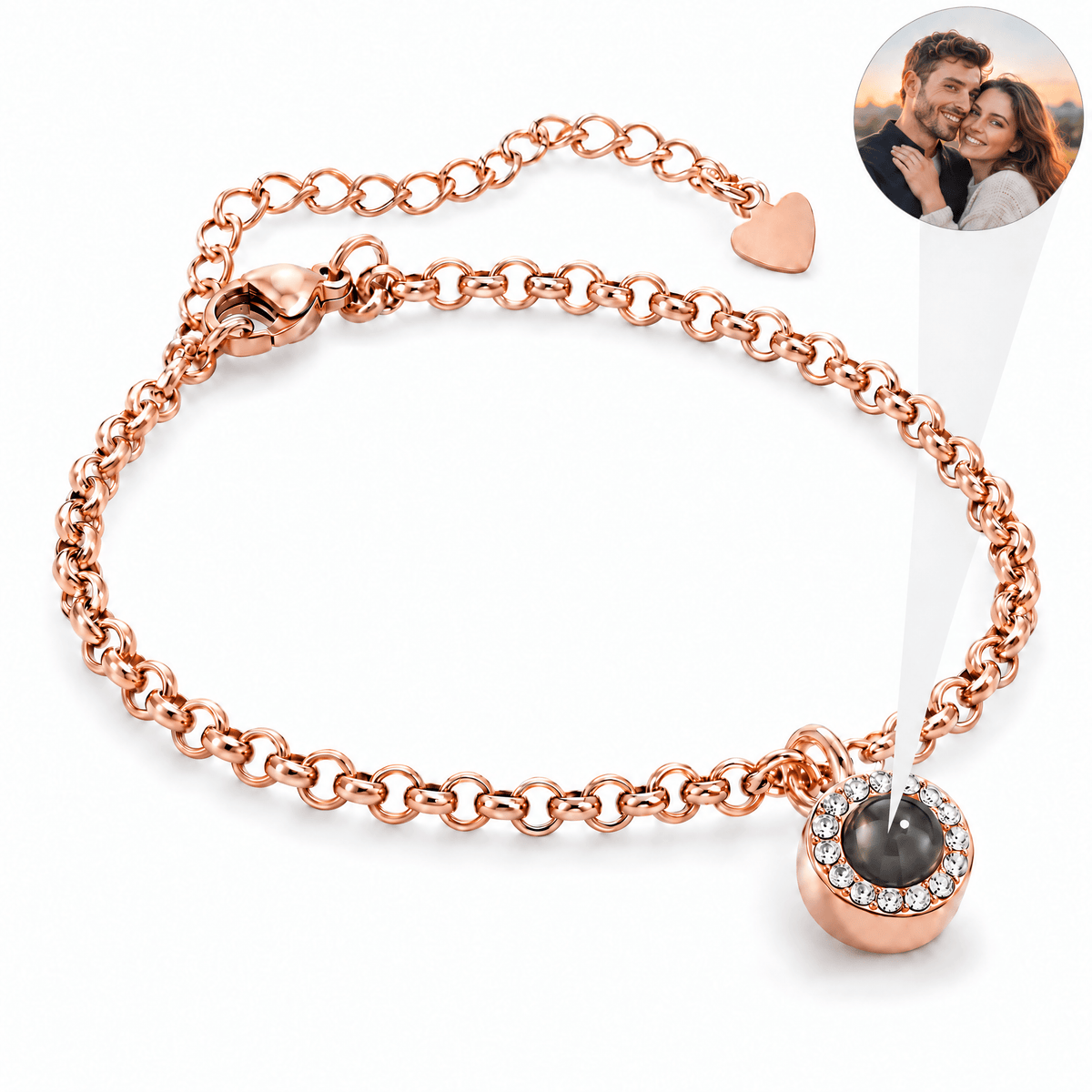 Bracelet photo personnalisé en acier inoxydable, maille rolo, modèle Tali — Or rosé — packshot studio photo-projection nette