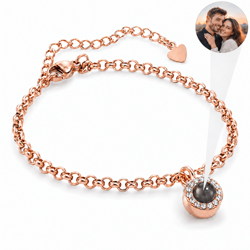 Bracelet photo personnalisé en acier inoxydable, maille rolo, modèle Tali — Or rosé — packshot studio photo-projection nette