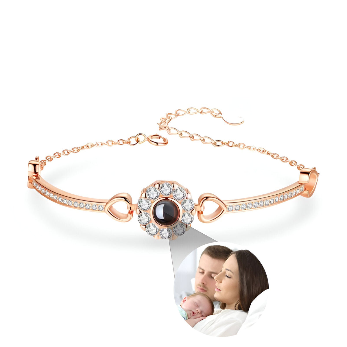 Bracelet fin en cuivre or rosé avec zirconium autour d'une photo personnalisée ronde.