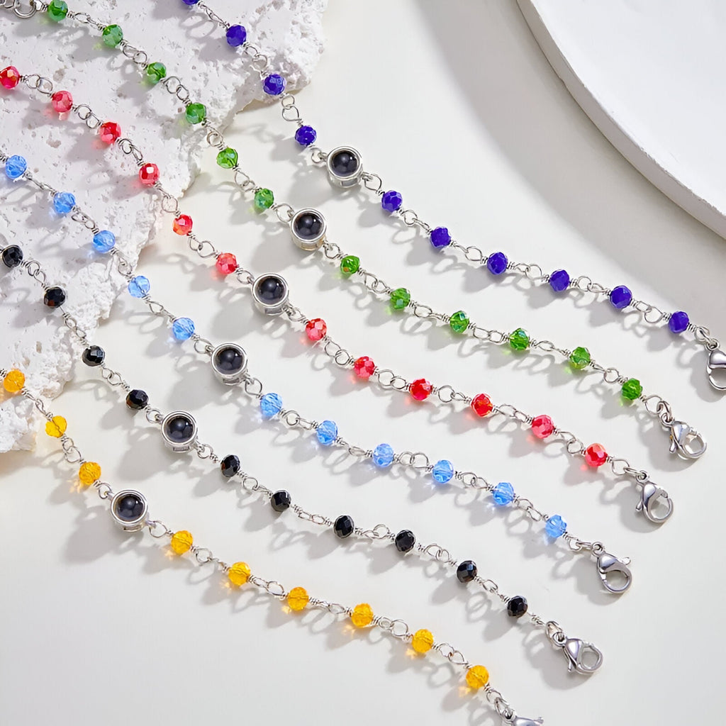 Bracelet photo personnalisé en titane, orné de pierres de cristal, modèle Azul - La Boutique du Bracelet
