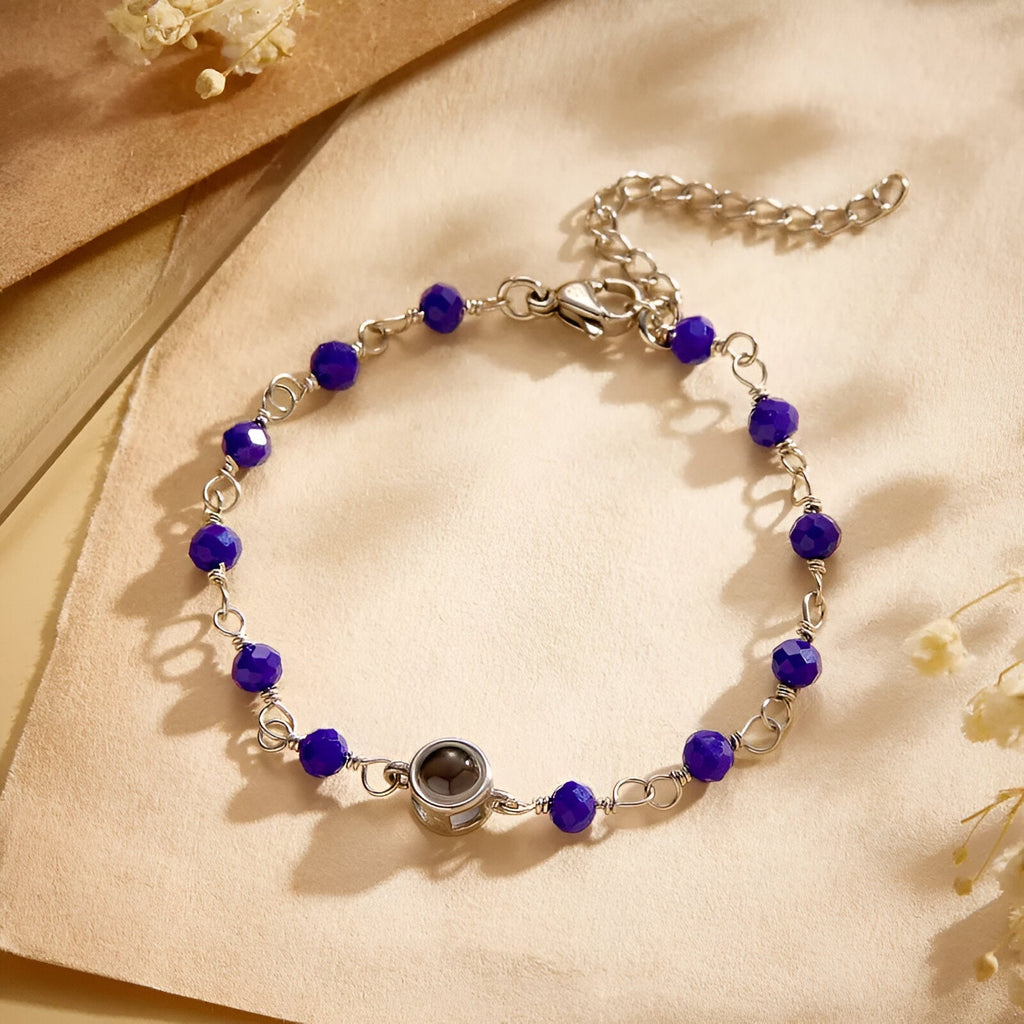 Bracelet photo personnalisé en titane, orné de pierres de cristal, modèle Azul - La Boutique du Bracelet
