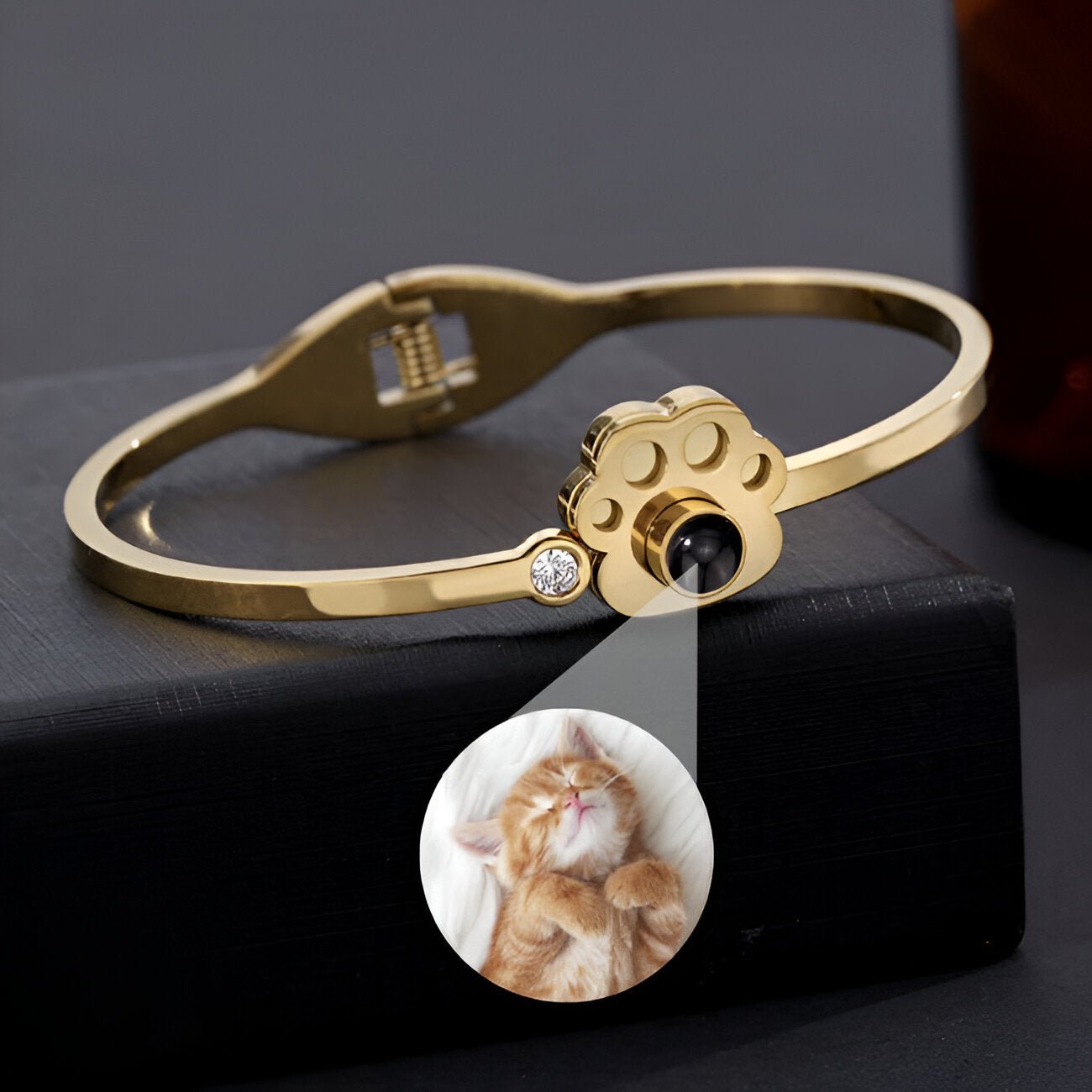 Bracelet en titane or avec pampille patte d'animal et espace photo personnalisable circulaire.